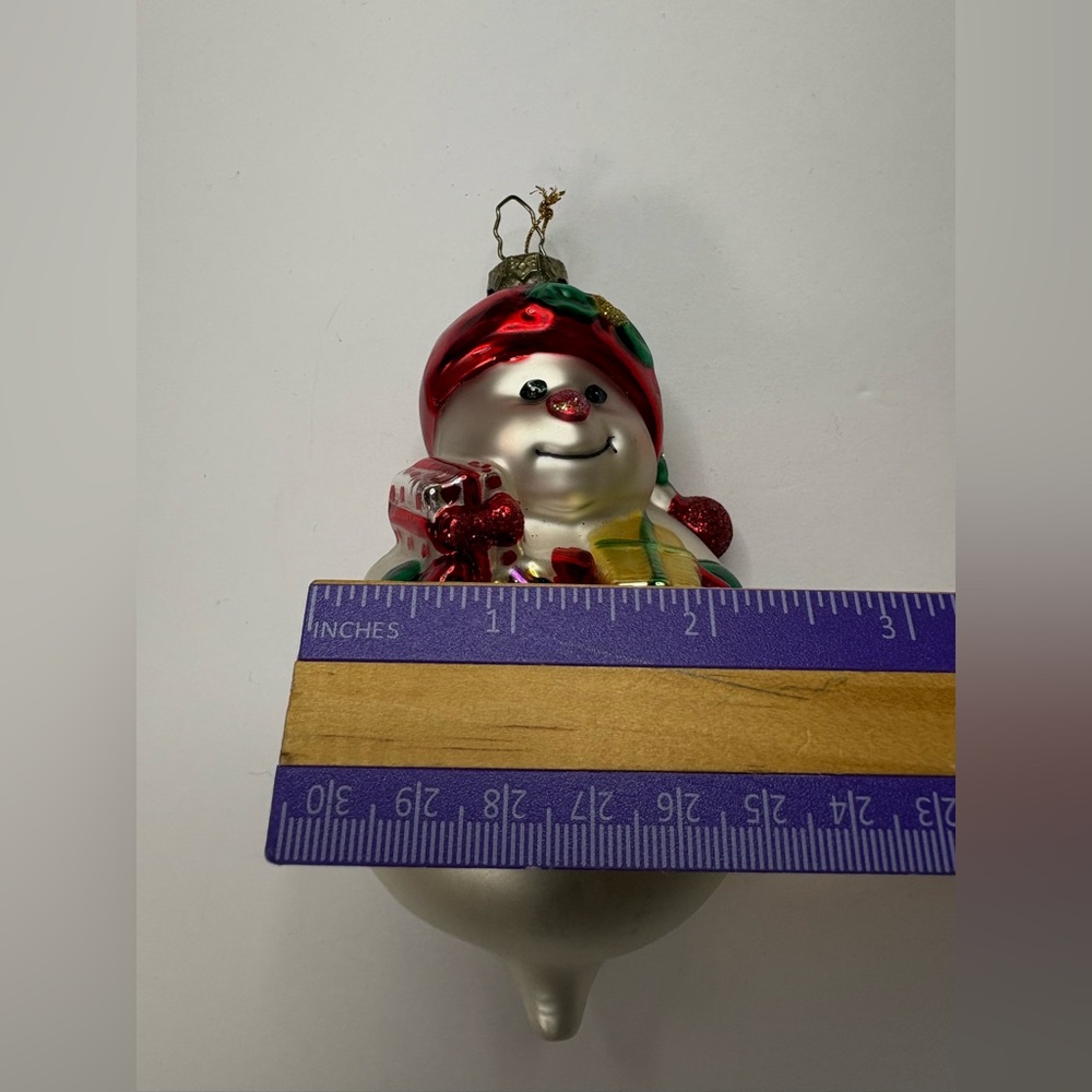 Vintage 1998 BK Lumiere Cheerful hand blown glass Snowman Ornament with Gifts - Picture 6 of 6
